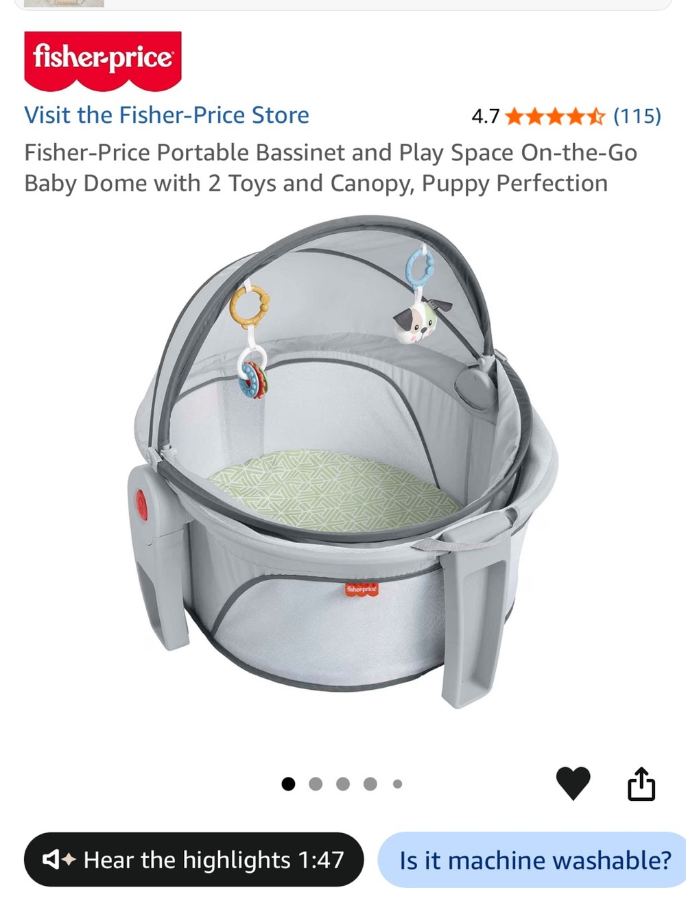 Fisher-Price Gray Portable Bassinet with Green Patterned Mattress and Canopy